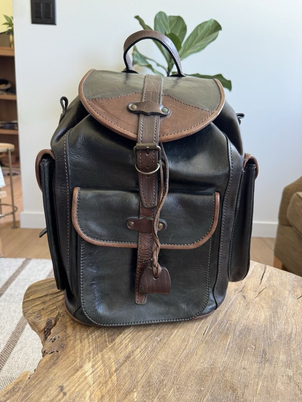 Vintage Leather Handmade Backpack Cinch Top Brown Green Gray